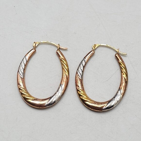 14K Gold-Bonded Sterling Silver Tri-Tone Twist Oval Hoop Earrings - Picture 4 of 5